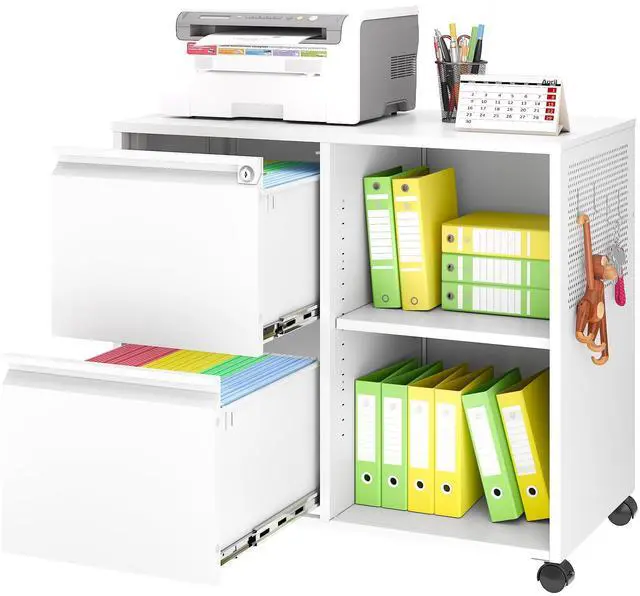 Main image of 2-Drawer File Cabinet Mobile Filing Cabinet with Lock Lateral File Cabinet Printer Stand with Open Storage Shelves for Home Office (White, Left Drawer)
