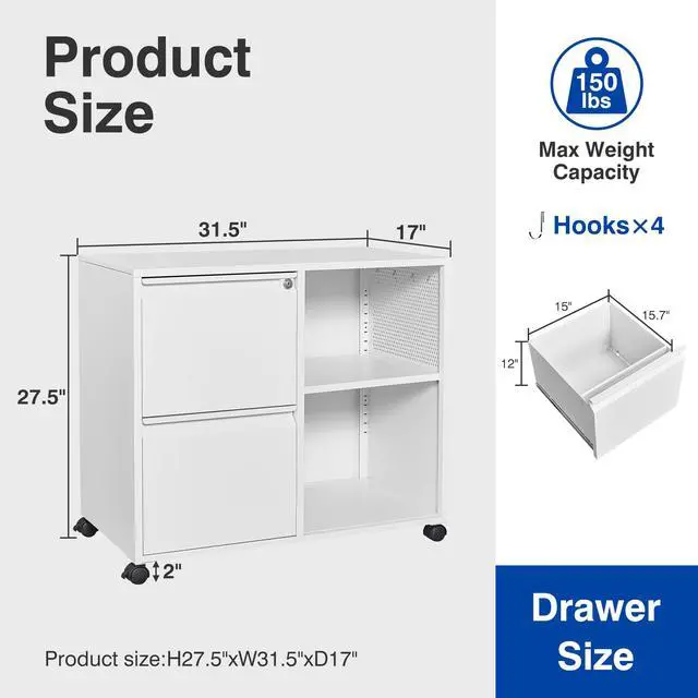 Alt view image 2 of 6 - 2-Drawer File Cabinet Mobile Filing Cabinet with Lock Lateral File Cabinet Printer Stand with Open Storage Shelves for Home Office (White, Left Drawer)