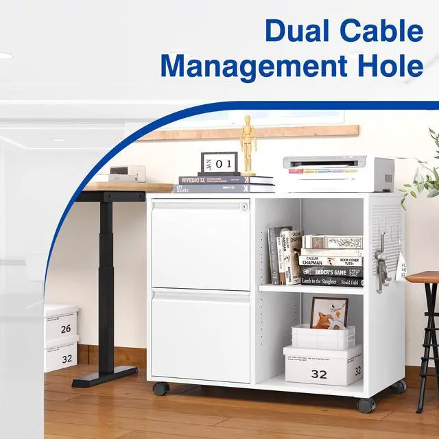 Alt view image 3 of 6 - 2-Drawer File Cabinet Mobile Filing Cabinet with Lock Lateral File Cabinet Printer Stand with Open Storage Shelves for Home Office (White, Left Drawer)