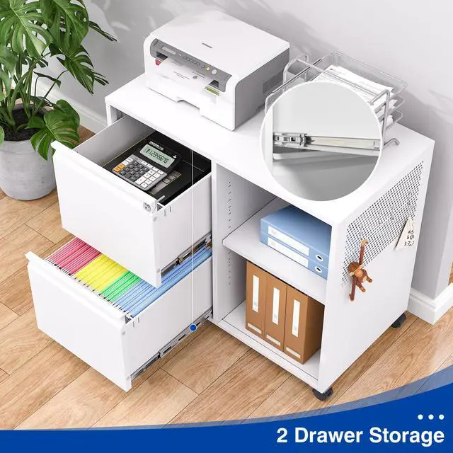 Alt view image 5 of 6 - 2-Drawer File Cabinet Mobile Filing Cabinet with Lock Lateral File Cabinet Printer Stand with Open Storage Shelves for Home Office (White, Left Drawer)