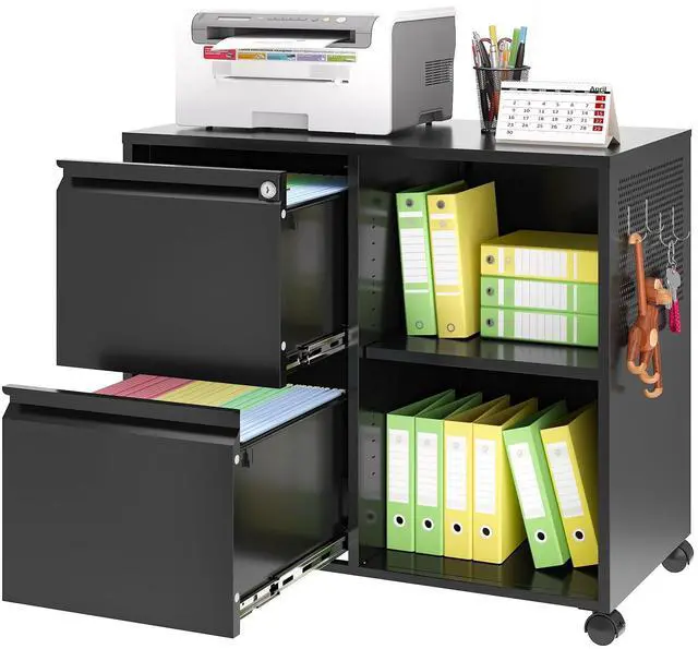 Main image of 2-Drawer File Cabinet Mobile Filing Cabinet with Lock Lateral File Cabinet Printer Stand with Open Storage Shelves for Home Office (Black, Left Drawer)