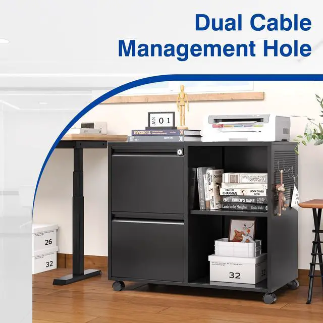 Alt view image 3 of 6 - 2-Drawer File Cabinet Mobile Filing Cabinet with Lock Lateral File Cabinet Printer Stand with Open Storage Shelves for Home Office (Black, Left Drawer)