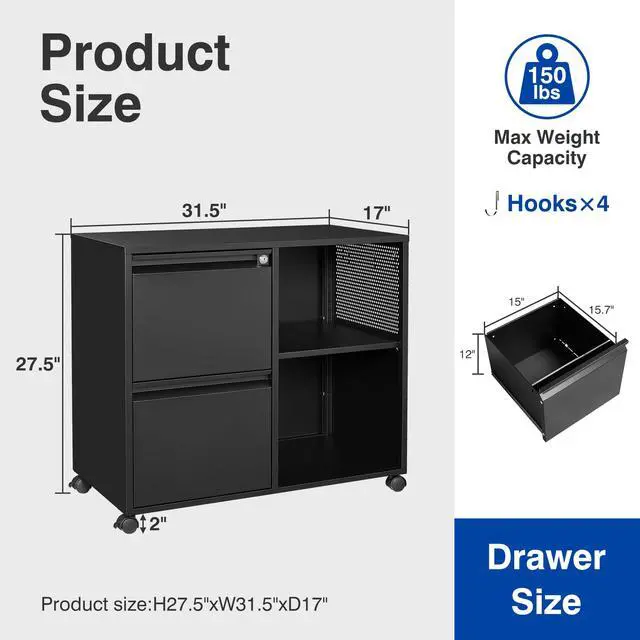 Alt view image 2 of 6 - 2-Drawer File Cabinet Mobile Filing Cabinet with Lock Lateral File Cabinet Printer Stand with Open Storage Shelves for Home Office (Black, Left Drawer)