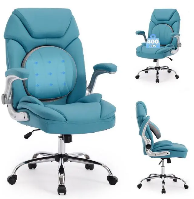 Main image of Comfy Wide Office Chair Criss Cross Cute Desk Chair for Women Teal Blue | Adjustable Lumbar Support, Flip-up Arms, Swivel, Rocking, Faux Leather, Plus Size, Wheels