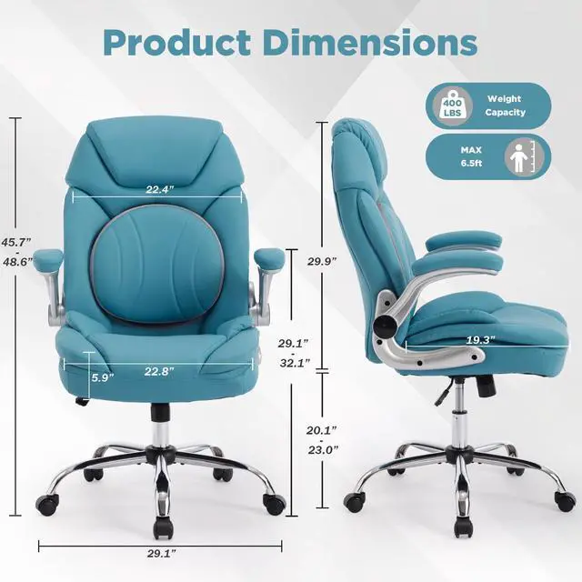 Alt view image 2 of 7 - Comfy Wide Office Chair Criss Cross Cute Desk Chair for Women Teal Blue | Adjustable Lumbar Support, Flip-up Arms, Swivel, Rocking, Faux Leather, Plus Size, Wheels