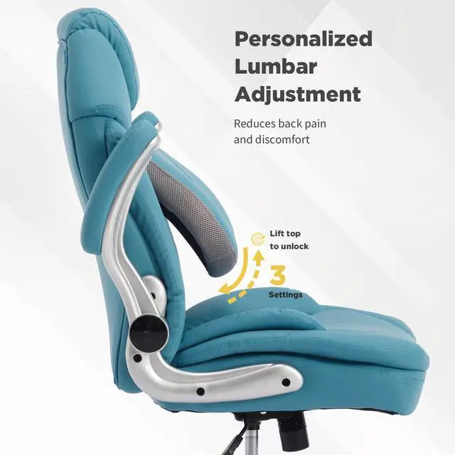 Alt view image 3 of 7 - Comfy Wide Office Chair Criss Cross Cute Desk Chair for Women Teal Blue | Adjustable Lumbar Support, Flip-up Arms, Swivel, Rocking, Faux Leather, Plus Size, Wheels