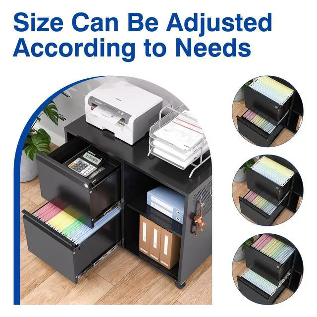 Alt view image 4 of 6 - 2-Drawer File Cabinet Mobile Filing Cabinet with Lock Lateral File Cabinet Printer Stand with Open Storage Shelves for Home Office (Black, Left Drawer)