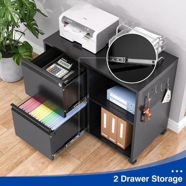 Alt view image 6 of 6 - 2-Drawer File Cabinet Mobile Filing Cabinet with Lock Lateral File Cabinet Printer Stand with Open Storage Shelves for Home Office (Black, Left Drawer)