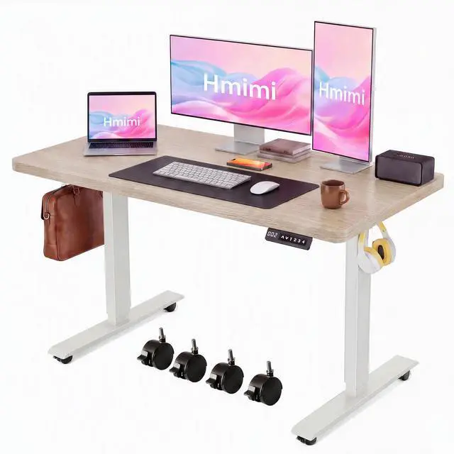 Main image of Hmimi 48'' ×24'' Height Adjustable Electric Standing Desk | Lockable Wheels, 4 Memory Presets, 2 Cable Holes, 2 Hooks, Anti-Collision System, Alloy Steel Frame, Oak