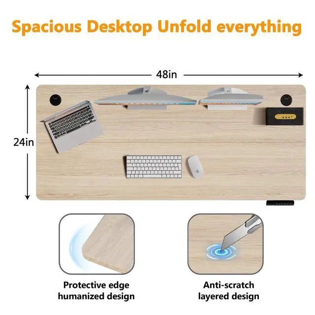 Alt view image 3 of 7 - Hmimi 48'' ×24'' Height Adjustable Electric Standing Desk | Lockable Wheels, 4 Memory Presets, 2 Cable Holes, 2 Hooks, Anti-Collision System, Alloy Steel Frame, Oak
