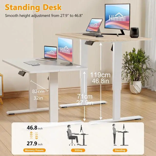 Alt view image 4 of 7 - Hmimi 48'' ×24'' Height Adjustable Electric Standing Desk | Lockable Wheels, 4 Memory Presets, 2 Cable Holes, 2 Hooks, Anti-Collision System, Alloy Steel Frame, Oak