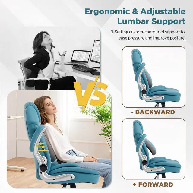 Alt view image 4 of 7 - Comfy Wide Office Chair Criss Cross Cute Desk Chair for Women Teal Blue | Adjustable Lumbar Support, Flip-up Arms, Swivel, Rocking, Faux Leather, Plus Size, Wheels