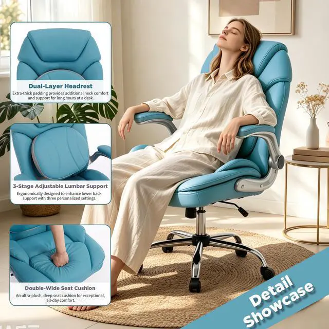 Alt view image 5 of 7 - Comfy Wide Office Chair Criss Cross Cute Desk Chair for Women Teal Blue | Adjustable Lumbar Support, Flip-up Arms, Swivel, Rocking, Faux Leather, Plus Size, Wheels