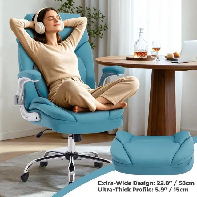 Alt view image 6 of 7 - Comfy Wide Office Chair Criss Cross Cute Desk Chair for Women Teal Blue | Adjustable Lumbar Support, Flip-up Arms, Swivel, Rocking, Faux Leather, Plus Size, Wheels