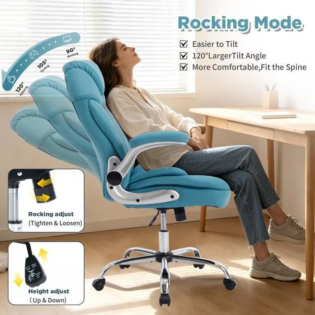 Alt view image 7 of 7 - Comfy Wide Office Chair Criss Cross Cute Desk Chair for Women Teal Blue | Adjustable Lumbar Support, Flip-up Arms, Swivel, Rocking, Faux Leather, Plus Size, Wheels