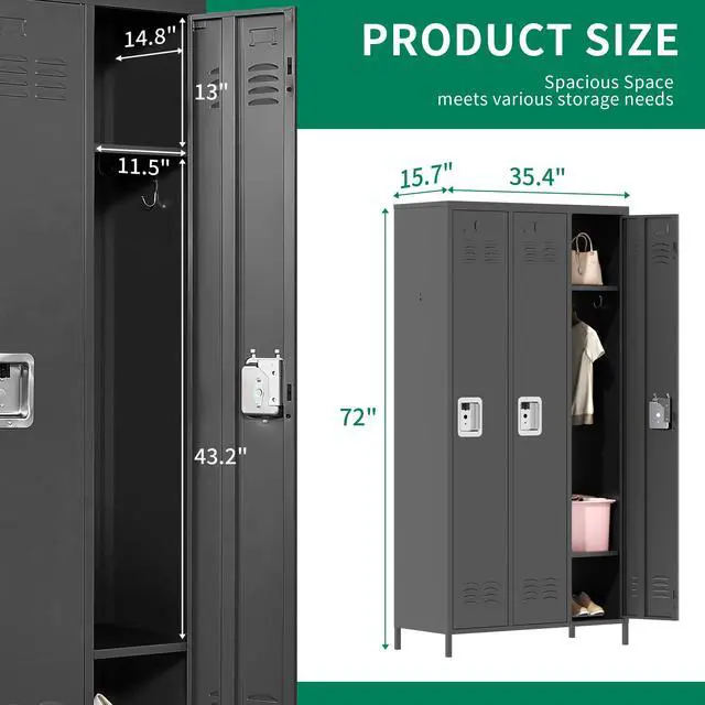 Alt view image 3 of 6 - 3 Doors Metal Storage Locker for Employee,72" Sports Staff Lockers | Steel Tall Locker Cabinet with Shelves and Hooks Wide Clothes Cabinets for Office School Gym Home Bedroom Garage
