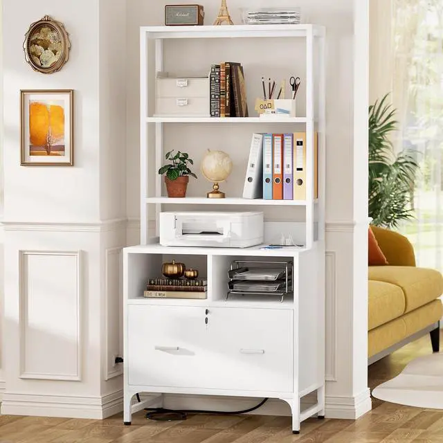 Main image of File Cabinet with Charging Station, Vertical Filing Cabinet, White | with Lock & Large Drawer, Printer Stand with Storage Shelves, Office Storage Cabinet fits Letter/A4/Legal Size