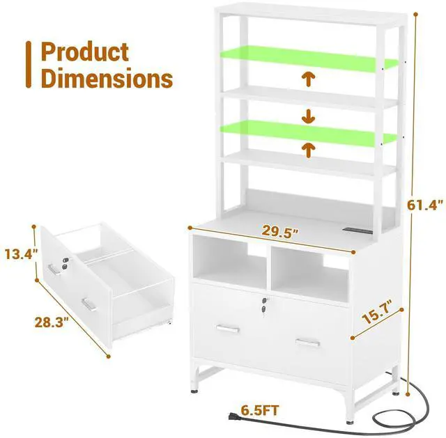 Alt view image 2 of 7 - File Cabinet with Charging Station, Vertical Filing Cabinet, White | with Lock & Large Drawer, Printer Stand with Storage Shelves, Office Storage Cabinet fits Letter/A4/Legal Size