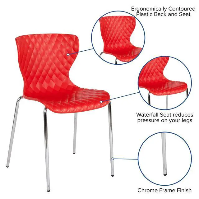 Alt view image 4 of 7 - Contemporary Design Red Plastic Stack Chair | Contemporary, Contoured Back and Seat, Waterfall Seat