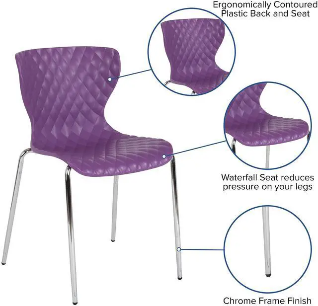 Alt view image 4 of 7 - Contemporary Design Purple Plastic Stack Chair | Contemporary, Contoured Back and Seat, Waterfall Seat