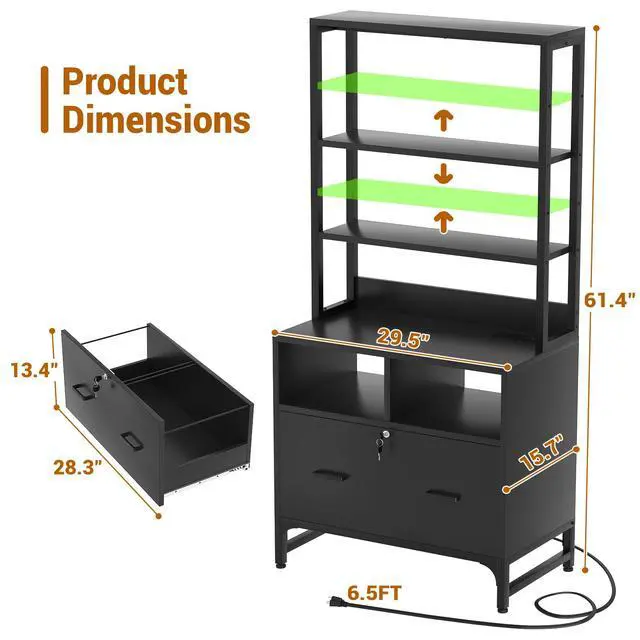 Alt view image 2 of 7 - File Cabinet with Charging Station, Vertical Filing Cabinet, Black | with Lock & Large Drawer, Printer Stand with Storage Shelves, Office Storage Cabinet fits Letter/A4/Legal Size
