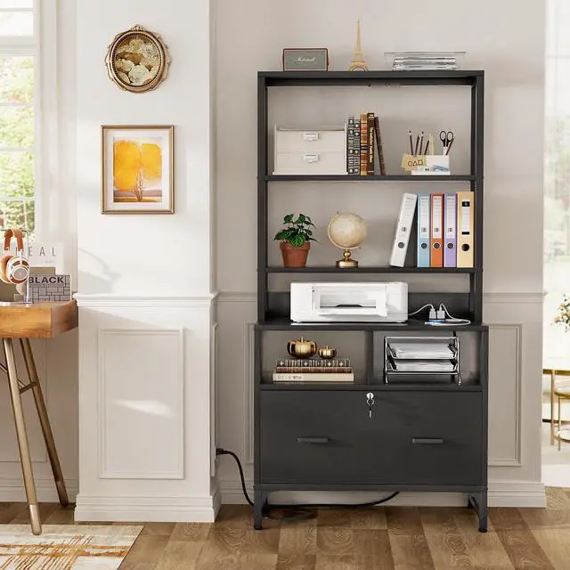 Alt view image 3 of 7 - File Cabinet with Charging Station, Vertical Filing Cabinet, Black | with Lock & Large Drawer, Printer Stand with Storage Shelves, Office Storage Cabinet fits Letter/A4/Legal Size
