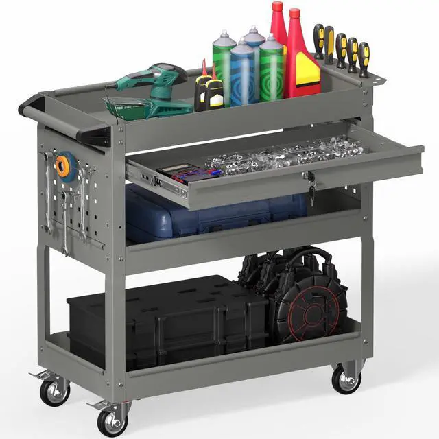 Main image of 3 Tier Rolling Tool Cart on Wheels, Heavy Duty Industrial Utility Cart Service Cart with Drawer and Screwdriver Rack Pegboard, 550 LBS Mobile Tool Storage Organizer for Workshop, Garage(Gray)