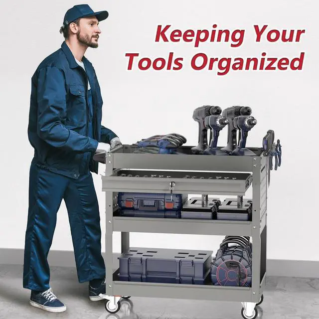 Alt view image 4 of 7 - 3 Tier Rolling Tool Cart on Wheels, Heavy Duty Industrial Utility Cart Service Cart with Drawer and Screwdriver Rack Pegboard, 550 LBS Mobile Tool Storage Organizer for Workshop, Garage(Gray)
