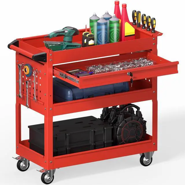Main image of 3 Tier Rolling Tool Cart on Wheels, Heavy Duty Service Cart Industrial Utility Cart with Drawer and Screwdriver Rack Pegboard, 550 LBS Mobile Tool Storage Organizer for Garage, Workshop (Red)