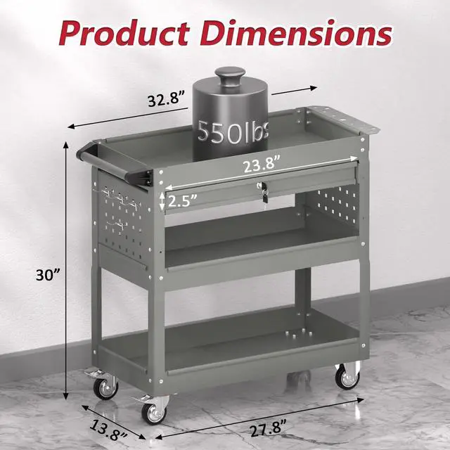 Alt view image 3 of 7 - 3 Tier Rolling Tool Cart on Wheels, Heavy Duty Industrial Utility Cart Service Cart with Drawer and Screwdriver Rack Pegboard, 550 LBS Mobile Tool Storage Organizer for Workshop, Garage(Gray)