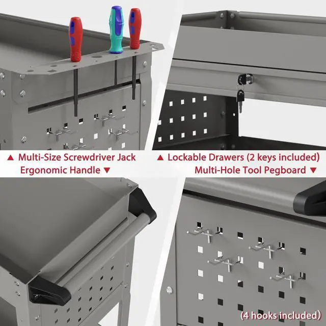Alt view image 5 of 7 - 3 Tier Rolling Tool Cart on Wheels, Heavy Duty Industrial Utility Cart Service Cart with Drawer and Screwdriver Rack Pegboard, 550 LBS Mobile Tool Storage Organizer for Workshop, Garage(Gray)