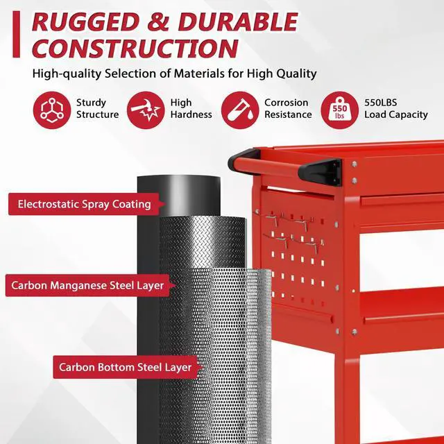 Alt view image 2 of 7 - 3 Tier Rolling Tool Cart on Wheels, Heavy Duty Service Cart Industrial Utility Cart with Drawer and Screwdriver Rack Pegboard, 550 LBS Mobile Tool Storage Organizer for Garage, Workshop (Red)