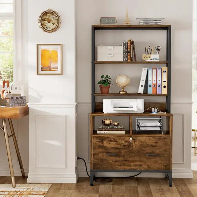 Alt view image 2 of 7 - Vertical File Cabinet with Shelves and Charging Station | Filing Cabinet Bookshelf with Lock & Large Drawer, Printer Stand with Office Storage Cabinet, Rustic Brown