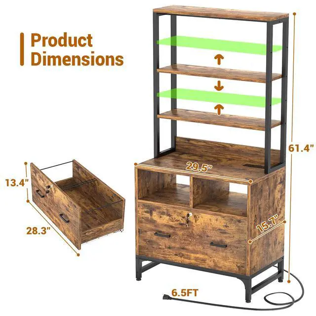 Alt view image 7 of 7 - Vertical File Cabinet with Shelves and Charging Station | Filing Cabinet Bookshelf with Lock & Large Drawer, Printer Stand with Office Storage Cabinet, Rustic Brown
