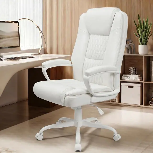 Main image of Executive Office Chair, High Back Ergonomic Desk Chair with Lumbar Support, Adjustable Big and Tall Computer Chair, 360° Swivel, PU Leather, White