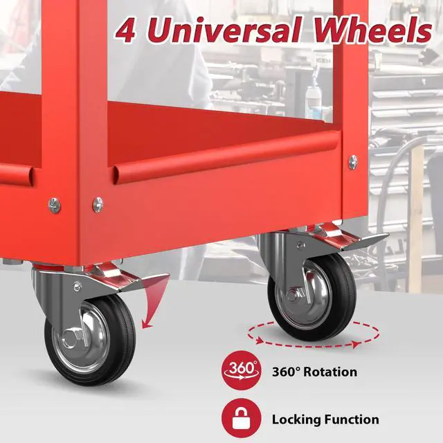 Alt view image 3 of 7 - 3 Tier Rolling Tool Cart on Wheels, Heavy Duty Service Cart Industrial Utility Cart with Drawer and Screwdriver Rack Pegboard, 550 LBS Mobile Tool Storage Organizer for Garage, Workshop (Red)