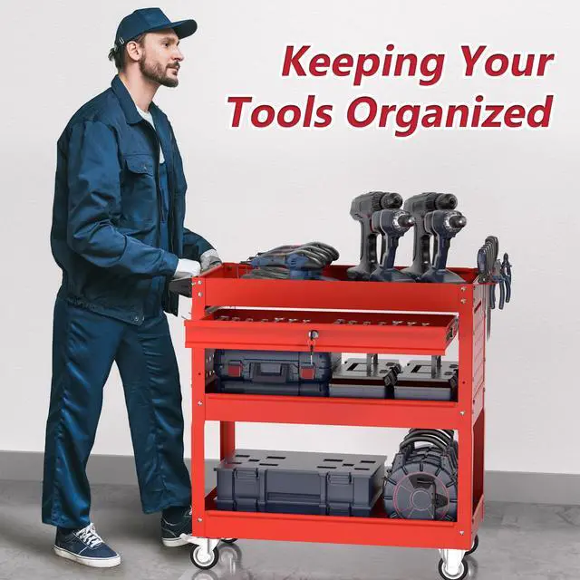 Alt view image 6 of 7 - 3 Tier Rolling Tool Cart on Wheels, Heavy Duty Service Cart Industrial Utility Cart with Drawer and Screwdriver Rack Pegboard, 550 LBS Mobile Tool Storage Organizer for Garage, Workshop (Red)