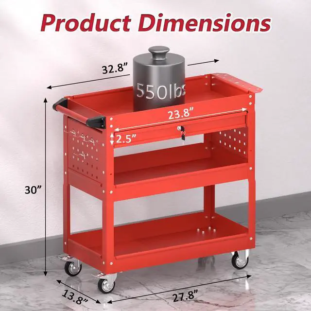 Alt view image 5 of 7 - 3 Tier Rolling Tool Cart on Wheels, Heavy Duty Service Cart Industrial Utility Cart with Drawer and Screwdriver Rack Pegboard, 550 LBS Mobile Tool Storage Organizer for Garage, Workshop (Red)