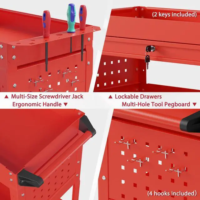Alt view image 4 of 7 - 3 Tier Rolling Tool Cart on Wheels, Heavy Duty Service Cart Industrial Utility Cart with Drawer and Screwdriver Rack Pegboard, 550 LBS Mobile Tool Storage Organizer for Garage, Workshop (Red)