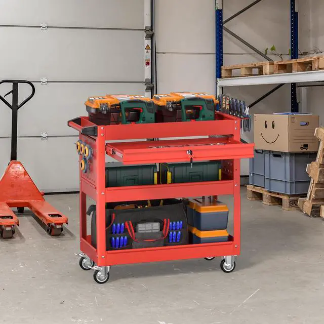 Alt view image 7 of 7 - 3 Tier Rolling Tool Cart on Wheels, Heavy Duty Service Cart Industrial Utility Cart with Drawer and Screwdriver Rack Pegboard, 550 LBS Mobile Tool Storage Organizer for Garage, Workshop (Red)