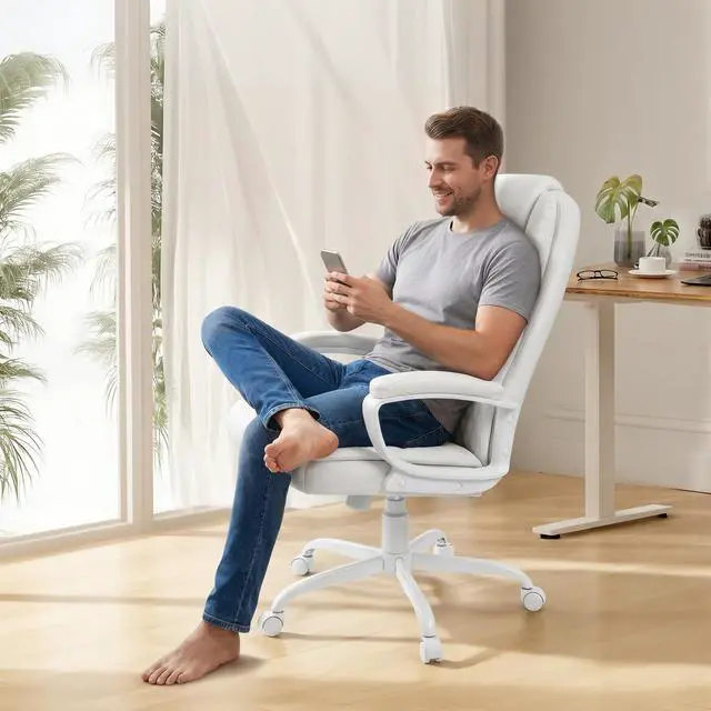 Alt view image 3 of 7 - Executive Office Chair, High Back Ergonomic Desk Chair with Lumbar Support, Adjustable Big and Tall Computer Chair, 360° Swivel, PU Leather, White