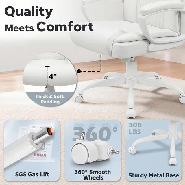 Alt view image 4 of 7 - Executive Office Chair, High Back Ergonomic Desk Chair with Lumbar Support, Adjustable Big and Tall Computer Chair, 360° Swivel, PU Leather, White