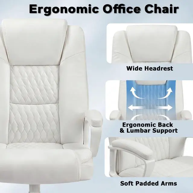 Alt view image 5 of 7 - Executive Office Chair, High Back Ergonomic Desk Chair with Lumbar Support, Adjustable Big and Tall Computer Chair, 360° Swivel, PU Leather, White