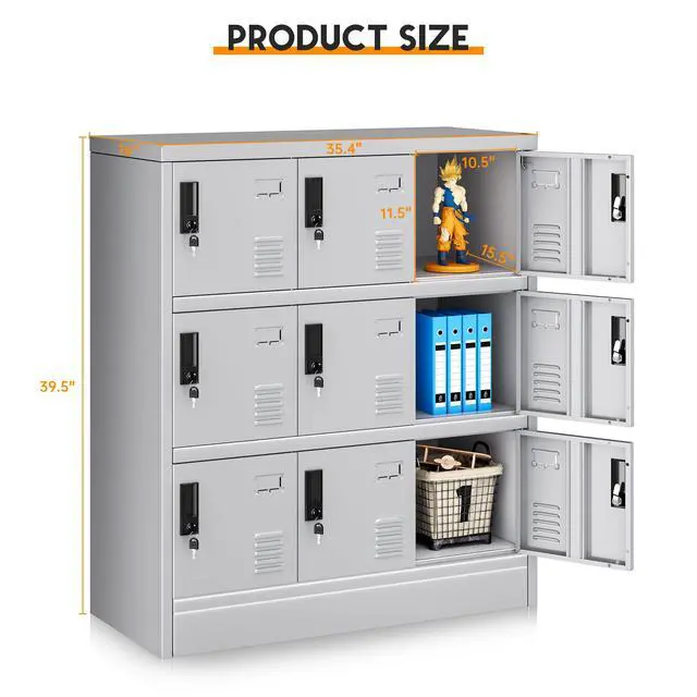 Alt view image 3 of 7 - 9 Door Storage Locker for Employee, Metal Locker for Office, Gym, Shool, Lockable Steel Locker with Lock and Card Slot for Home, Garage, Grey