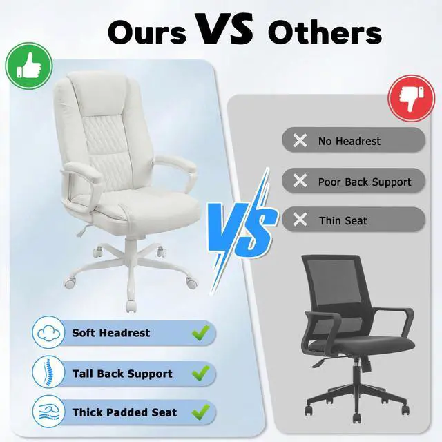 Alt view image 6 of 7 - Executive Office Chair, High Back Ergonomic Desk Chair with Lumbar Support, Adjustable Big and Tall Computer Chair, 360° Swivel, PU Leather, White