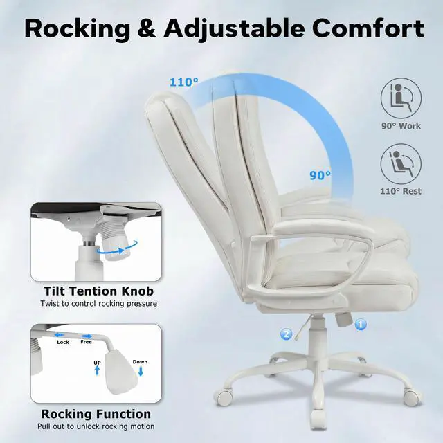Alt view image 7 of 7 - Executive Office Chair, High Back Ergonomic Desk Chair with Lumbar Support, Adjustable Big and Tall Computer Chair, 360° Swivel, PU Leather, White