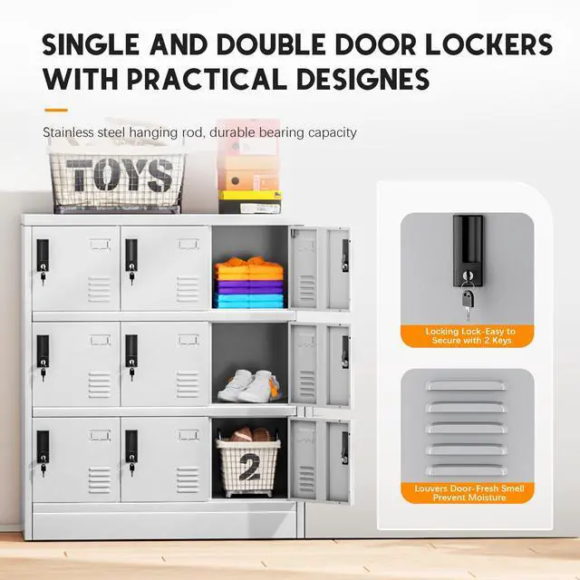 Alt view image 4 of 7 - 9 Door Storage Locker for Employee, Metal Locker for Office, Gym, Shool, Lockable Steel Locker with Lock and Card Slot for Home, Garage, Grey