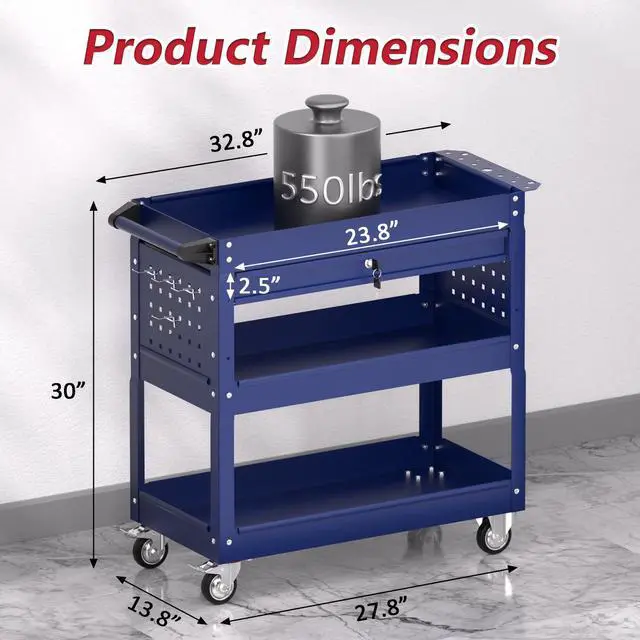 Alt view image 5 of 7 - 3 Tier Rolling Tool Cart on Wheels, Heavy Duty Service Cart Industrial Utility Cart with Drawer and Screwdriver Rack Pegboard, 550 LBS Mobile Tool Storage Organizer for Garage, Workshop (DARKBLUE)