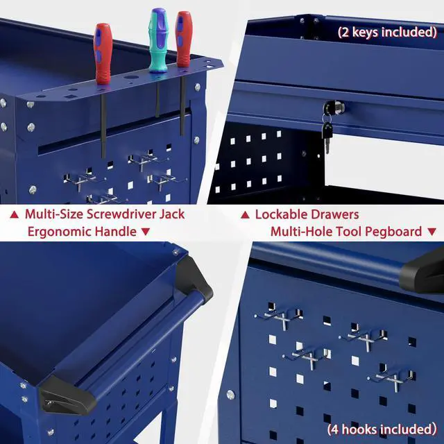 Alt view image 4 of 7 - 3 Tier Rolling Tool Cart on Wheels, Heavy Duty Service Cart Industrial Utility Cart with Drawer and Screwdriver Rack Pegboard, 550 LBS Mobile Tool Storage Organizer for Garage, Workshop (DARKBLUE)