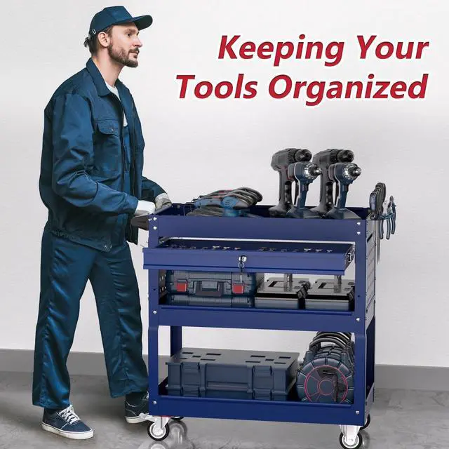 Alt view image 6 of 7 - 3 Tier Rolling Tool Cart on Wheels, Heavy Duty Service Cart Industrial Utility Cart with Drawer and Screwdriver Rack Pegboard, 550 LBS Mobile Tool Storage Organizer for Garage, Workshop (DARKBLUE)